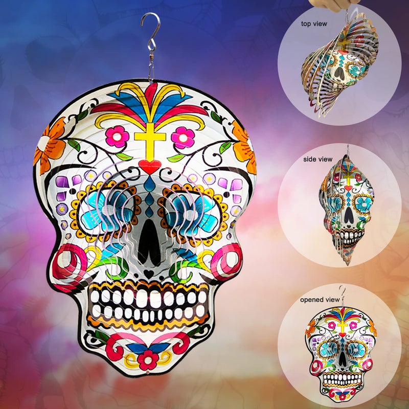 Fonmy Kinetic 3D Metal Garden Wind Spinner Unique Gifts Outdoor Decorations Quality Hanging Ornament for Home and Garden 12inch Mandala Silver Sugar Skull Wind Spinners - Image 4